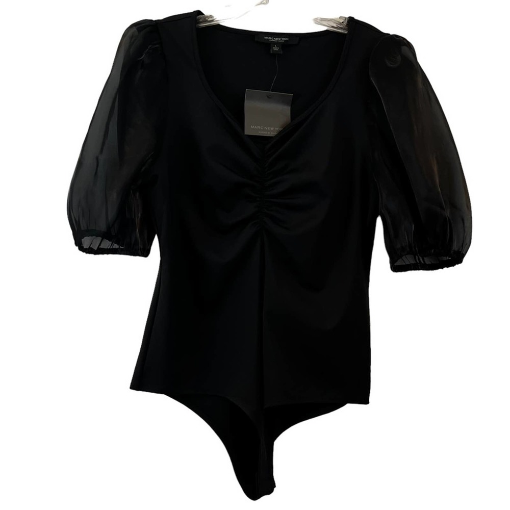 Marc New York Bodysuit Sheer Puff Sleeves Ruched V-Neckline Size Large NWT